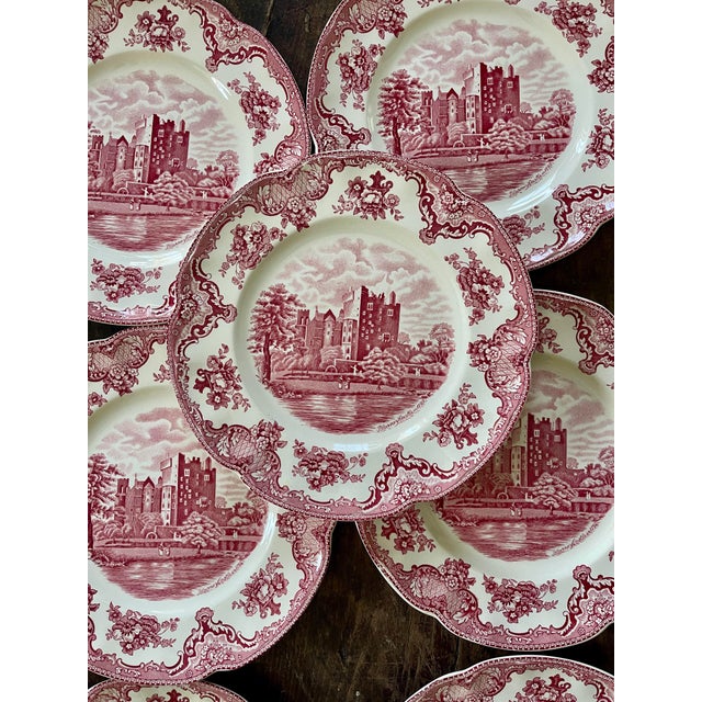 Vintage English Pink Transferware Dinner Plates in Old Britain Castles - Set of 7 For Sale - Image 9 of 12
