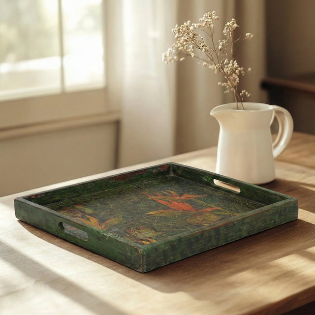 Dimensions: 18" W X 12" D X 3" H Features: • Vintage hand painted tray • 100% solid wood construction • Handmade by...