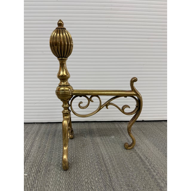 Traditional Brass Fireplace Andirons + Front Rail, Vintage, Set of Three For Sale - Image 3 of 12