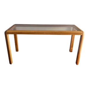 1970s Vintage Console Table Wood & Tinted Glass