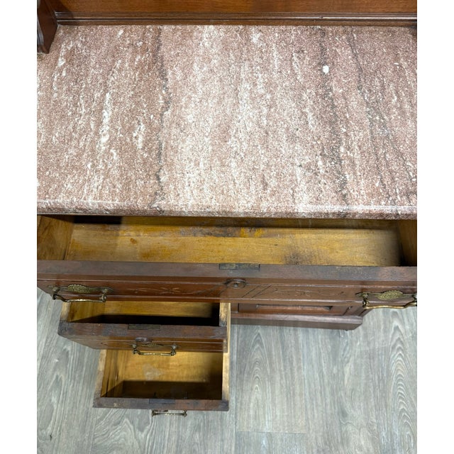 Wood Antique Victorian Eastlake Style Walnut and Marble Top Cabinet Commode Washstand For Sale - Image 7 of 15