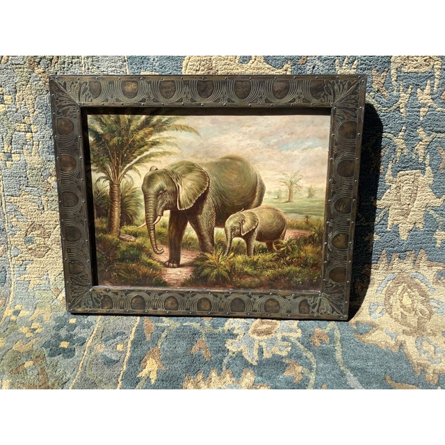 1980’s Vintage Maitland-Smith oil on wood Safari paintings with bronze metal frames. Stickered and numbered.