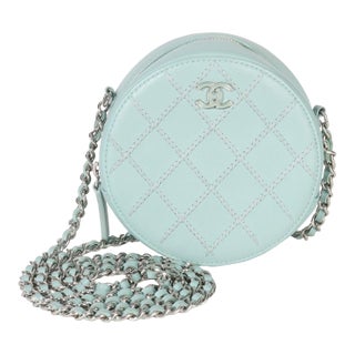 Teal Ultimate Stitch Lambskin Round Clutch On Chain For Sale