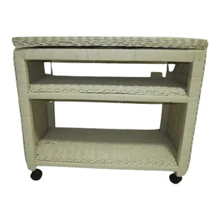 1980s Wicker Rattan Tv Stand Swivel on Casters Whitewash Two Shelf For Sale
