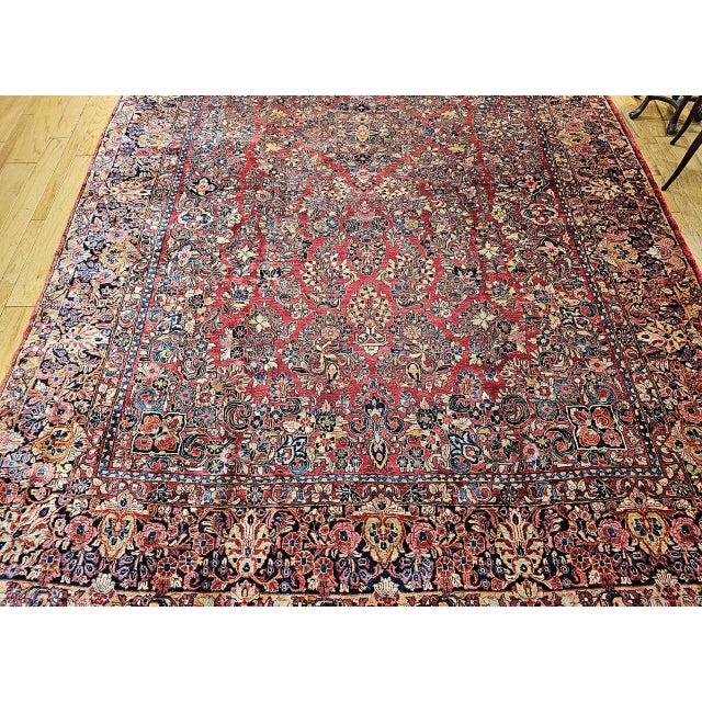 1900 - 1909 Antique Oversized Persian Sarouk Area Rug, Hand-Knotted Wool, Allover Floral Pattern, 10x17, Red & Navy For Sale - Image 5 of 18