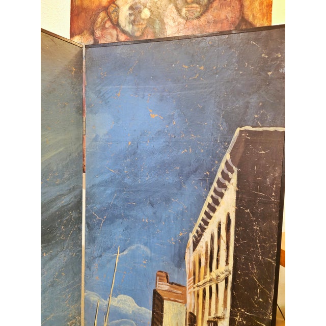 Blue Vintage Hand-Painted Four-Panel “Port of Venice” Folding Screen For Sale - Image 8 of 12