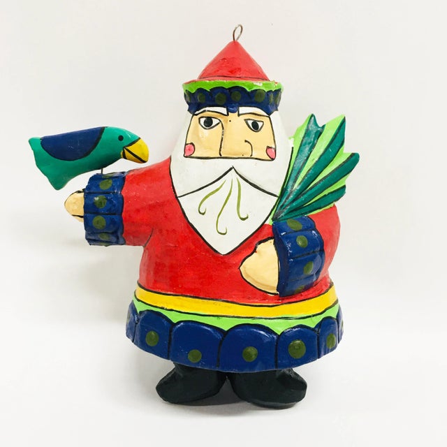 Vintage Folk Art Painted Wood Santa With Bird For Sale - Image 4 of 4