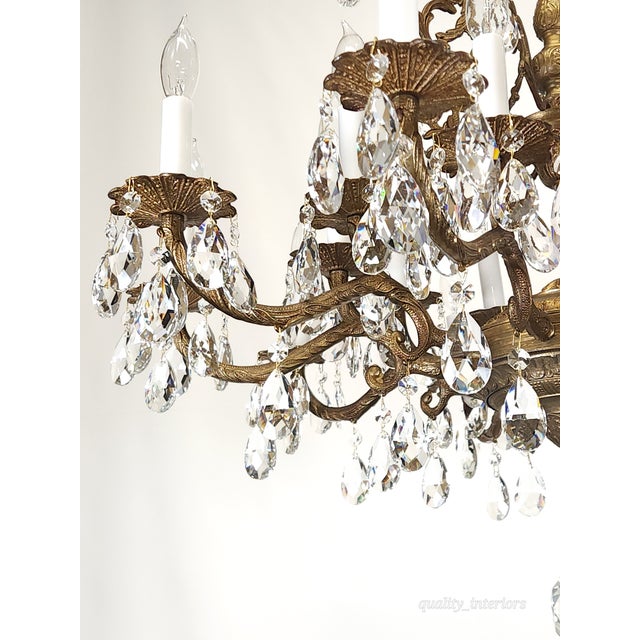 Shabby Chic Massive Antique 20 Light Brass Lead Glass Crystal Chandelier ~ Pair Available For Sale - Image 3 of 12