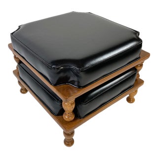 Black Leather and Turned Wood Stacking Foot Stools - a Pair For Sale
