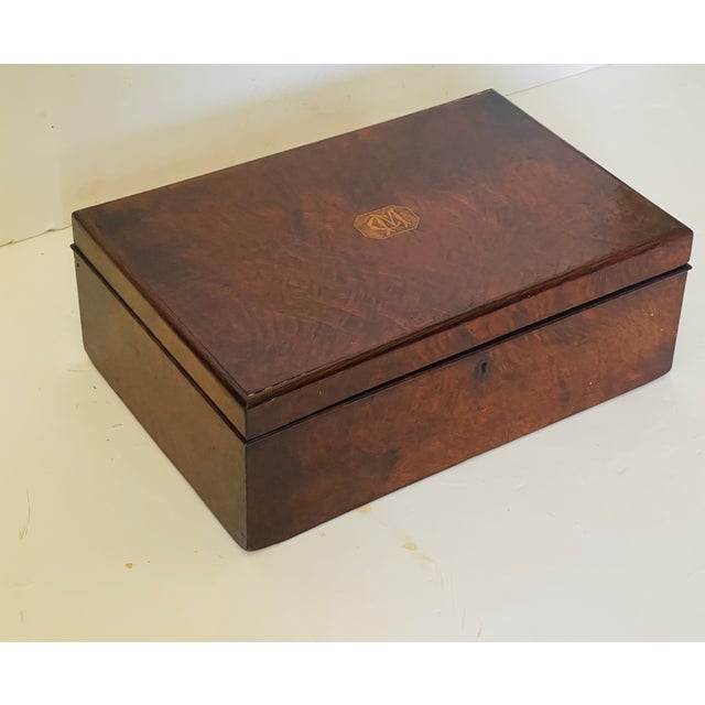 Splendid antique 19 th c century Victorian burlwood box with lots of compartments and inlayed initials on top.