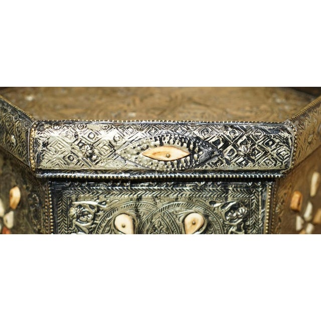 Antique Indian Repousse Pewter with Stone Inlaid Detailing Side Table, 1920 For Sale - Image 6 of 18