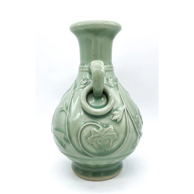 Celadon Mid-Century Chinese Celadon Vase With Floral Relief & Dual Handles – Asian Revival / Chinoiserie / Traditional Elegance For Sale - Image 8 of 12