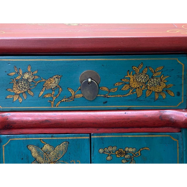 Oriental Red Blue Doors Golden Butterflies Fishes Graphic End Table Nightstand For Sale In San Francisco - Image 6 of 8