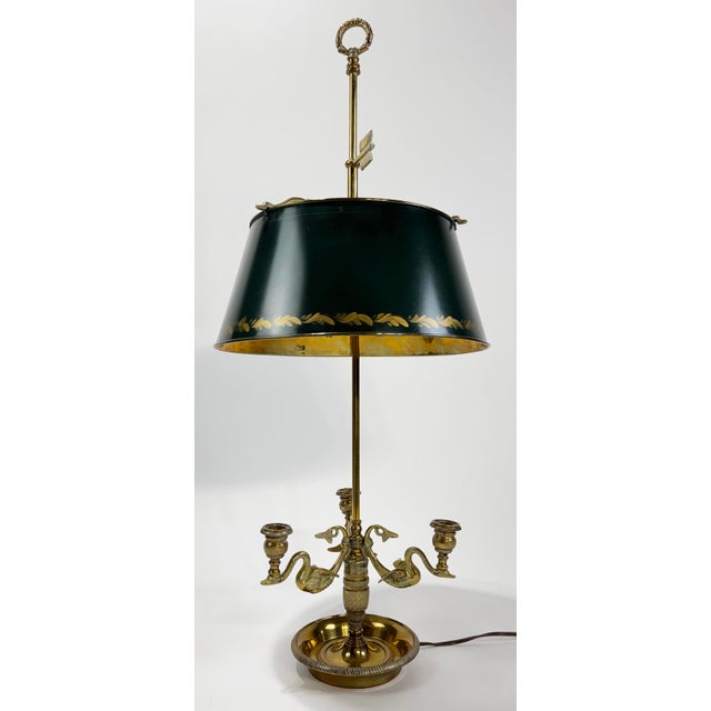 Vintage Chapman French Empire style three arm brass swan Bouillotte lamp with rich deep green Tole metal shade. Each of...