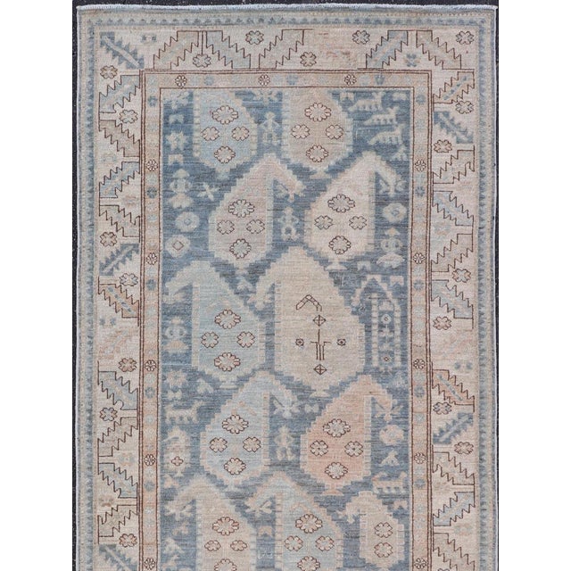 Tribal Afghanistan Tabriz Gallery Runner With Soft Blue Field and Ivory Motifs For Sale - Image 3 of 16