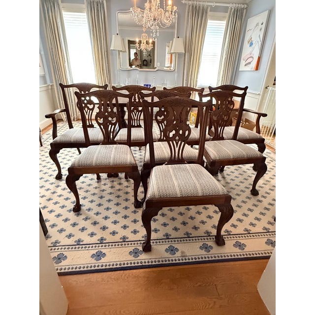 Set of 8 Antique Chippendale Chairs With Fortuny Upholstery For Sale - Image 11 of 16