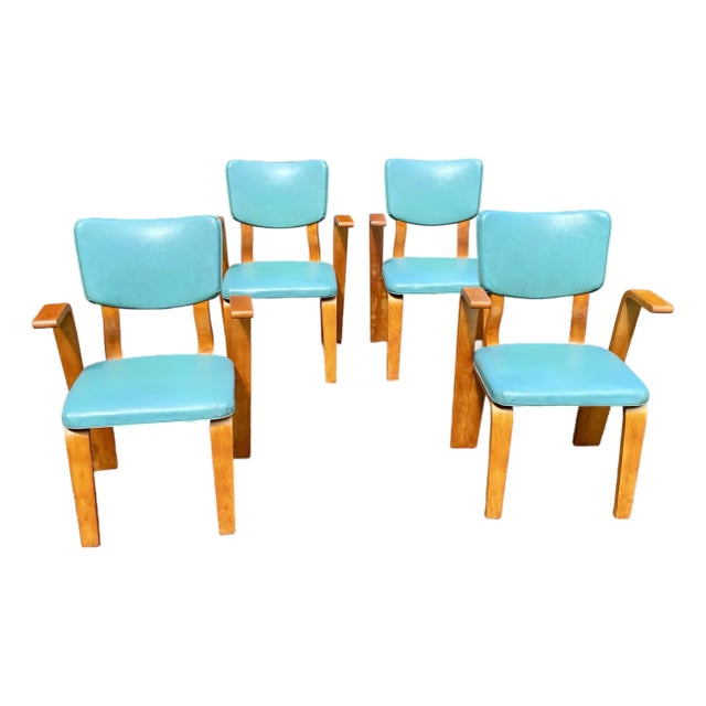 1950s Thonet Mid Century Modern Bent Plywood Arm Chairs - Set of 4 For Sale