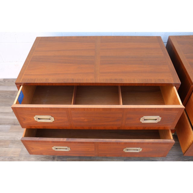 Pair of Mid-Century Modern Campaign Walnut Nightstands by Baker Milling Road | Brass Hardware, Circa 1960s For Sale - Image 17 of 18