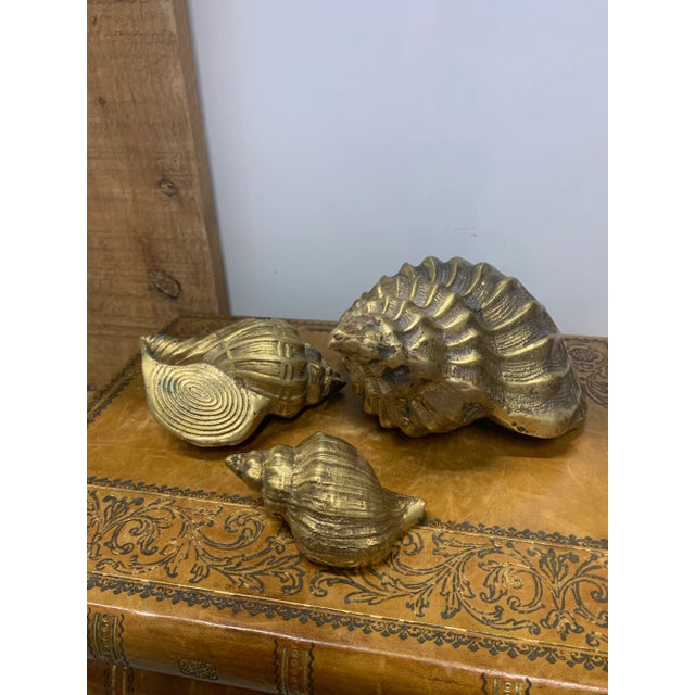 Hollywood Regency Vintage Set of 3 Brass Sea Shell Sculptures For Sale - Image 3 of 12