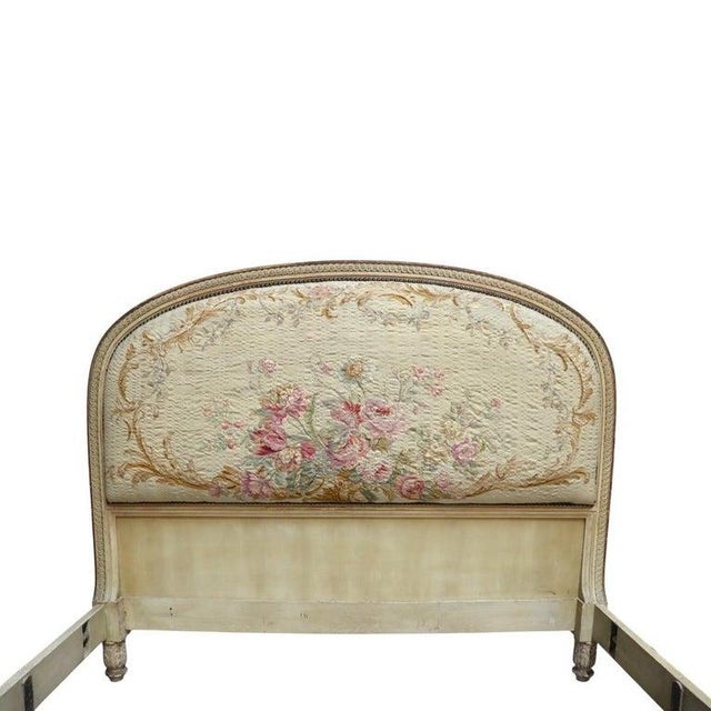 French Pair of Antique French Louis XV Carved Wood & Floral Tapestry Twin Beds C1910 For Sale - Image 3 of 13