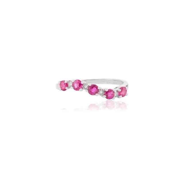 Art Deco 14k Solid White Gold Precious Ruby Stackable Curved Band Ring With Diamonds Size 7 For Sale - Image 3 of 6