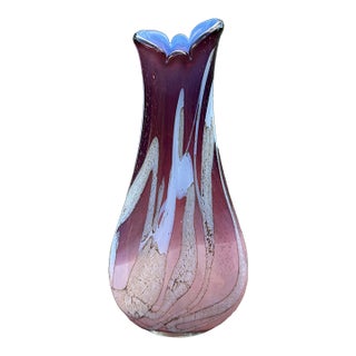 Jozefina Krosno, Poland 17" Vintage Art Glass Vase, Cased Interior W Blue Iridescent For Sale