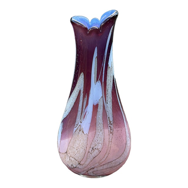 Jozefina Krosno, Poland 17" Vintage Art Glass Vase, Cased Interior W Blue Iridescent For Sale