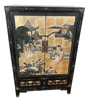 Mid Century Chinese Console Cabinet Double Doors, Two Drawers Chinoiserie Carved