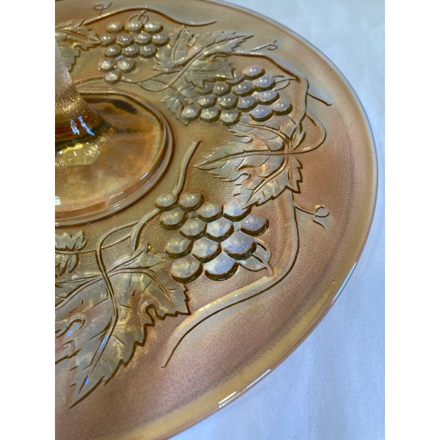 Vintage Amber Iridescent Etched Glass Cake Plate With Handle For Sale - Image 4 of 7