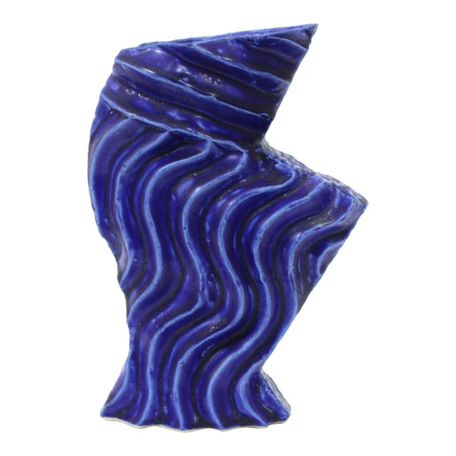 Vintage Studio Pottery Ridged Biomorphic Blue Vase by Frank Fabens For Sale