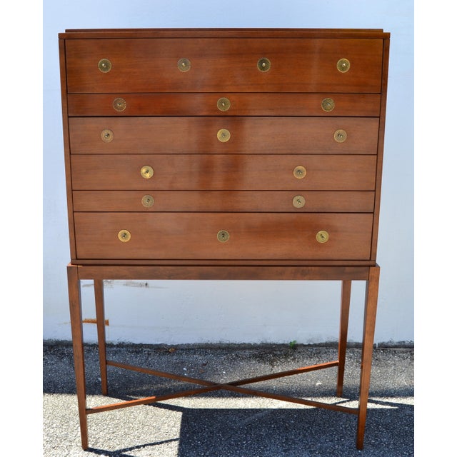 1960 Baker Furniture Mahogany Federal Style Chest on Stand Ornate Brass Hardware For Sale - Image 11 of 11