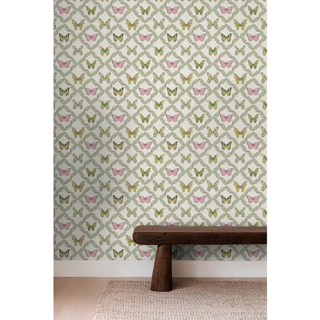 Cream Butterfly Trellis Pastel Grasscloth Wallpaper by House Party | 6 Yards For Sale - Image 8 of 8