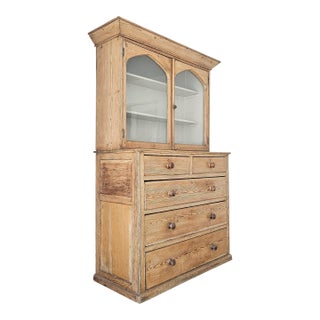 Antique English Pine Glazed Dresser Display Cabinet - Circa 1880 For Sale