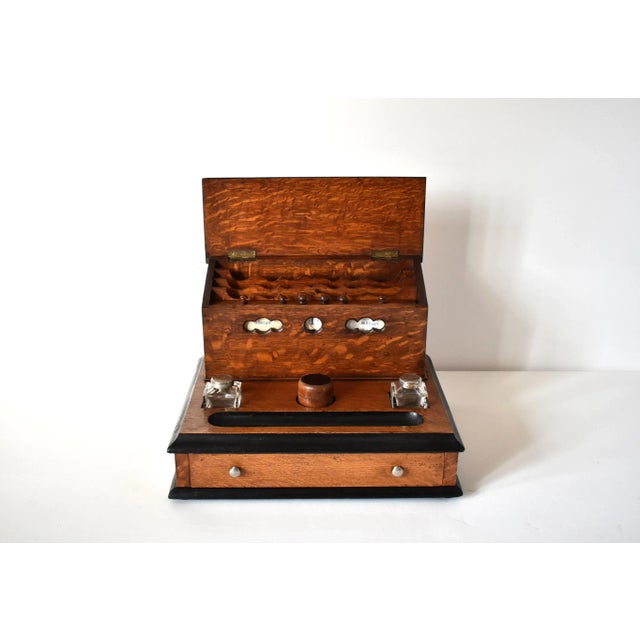 Victorian Tiger Oak Letterbox and Inkstand With Perpetual Calendar For Sale - Image 4 of 13