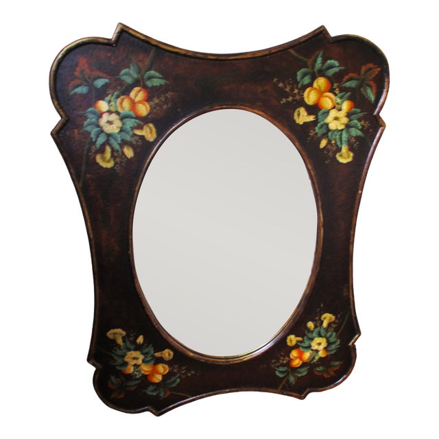 Vintage French Country Ornate Hand Painted Wood With Flower Design Mirror For Sale