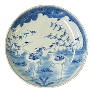 Chinese Blue White Cranes Birds Fengshui Graphic Porcelain Plate