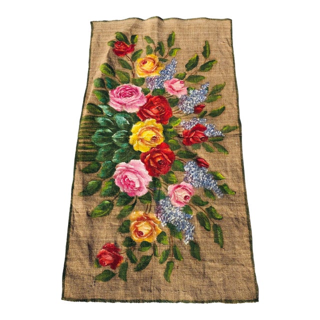 Vintage Hand Painted Floral Art Over Coarse Juth For Sale