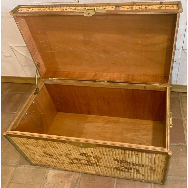 Tan Mid 20th Century Campaign Style Scorched Split Reed Bamboo Trunk, Coffee Table With Brass Handles and Closure in the Manner of Ralph Lauren For Sale - Image 8 of 12