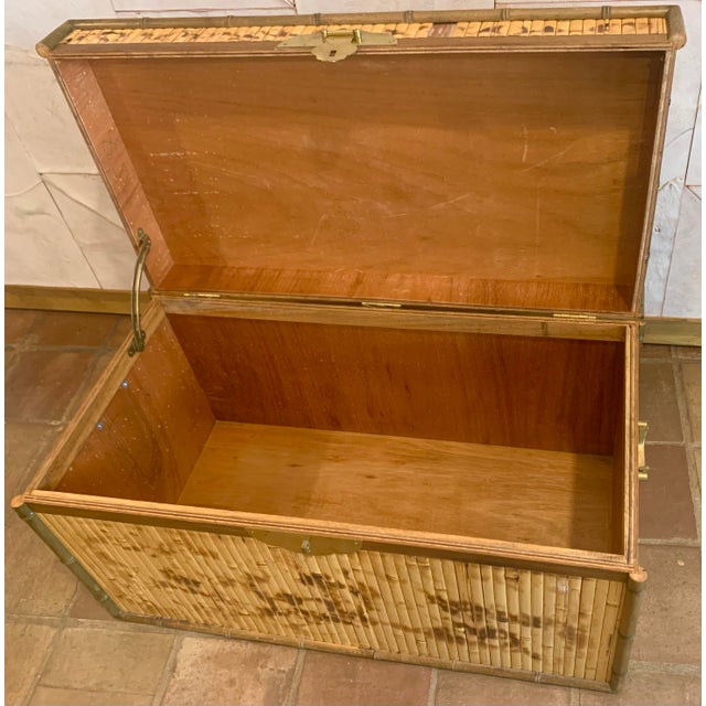 Tan Mid-Century Campaign Style Scorched Split Reed Bamboo Trunk, Coffee Table With Brass Handles and Closure in the Manner of Ralph Lauren For Sale - Image 8 of 12