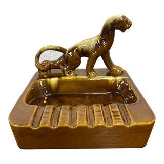 Mid Century Panther Ashtray by Phil-Mar Corp. Brown and Yellow Glaze Atomic 1950’s For Sale