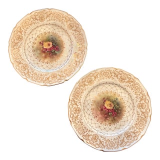 1920s Royal Daulton E. Perry Signed, Burslem Factory, Raised Gilt Gold in Blossoms and Swags “Cabinet Plates” - Set of Two For Sale