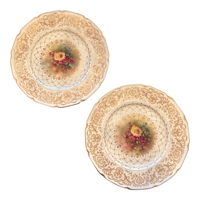 1920s Royal Daulton E. Perry Signed, Burslem Factory, Raised Gilt Gold in Blossoms and Swags “Cabinet Plates” - Set of Two For Sale