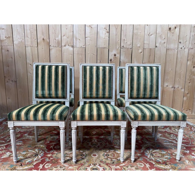 Louis XVI Style Chairs in Painted Wood and Striped Velvet, 1970s, Set of 6 For Sale - Image 10 of 10