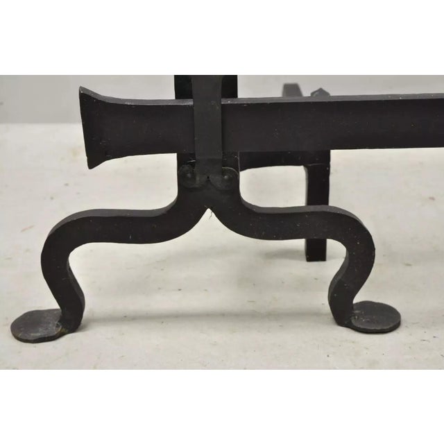 Black Antique Mission Arts & Crafts Wrought Iron Fireplace Andirons & Fender - 3 Piece Set For Sale - Image 8 of 12