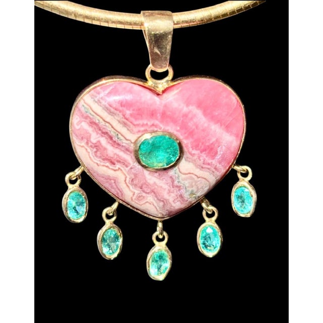 Large Rhodochrosite Heart Pendant With Emeralds & 14k Gold For Sale - Image 4 of 14