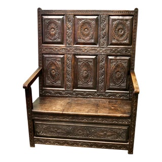 18th Century Carved High Back Oak Box Settle For Sale