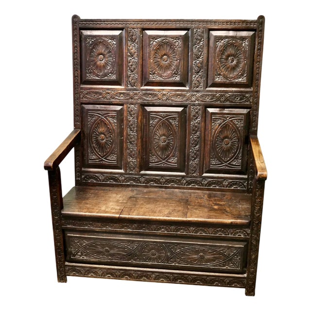 18th Century Carved High Back Oak Box Settle For Sale
