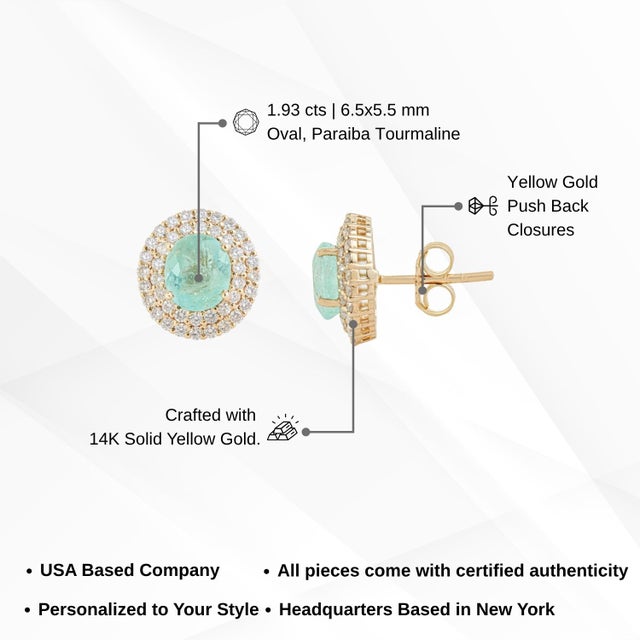 1.93cts Double Halo Diamond Set Paraiba Tourmaline Earrings in 14k Gold- A Pair For Sale - Image 12 of 16