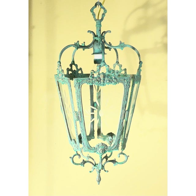 Antique Style Solid Brass Hanging Hallway Lantern W/ Etched Starburst Glass For Sale - Image 12 of 16