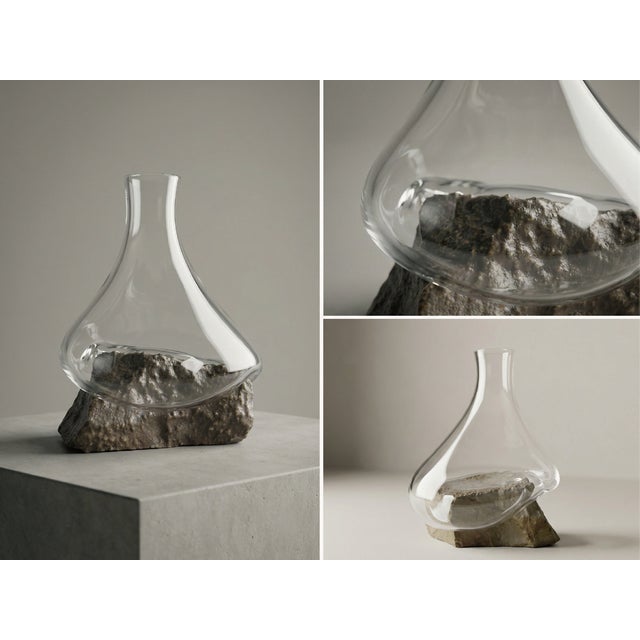 Contemporary Sculptural Glass Decanter Vase With Natural Gobi Desert Stone – One of a Kind Art Glass For Sale - Image 3 of 6